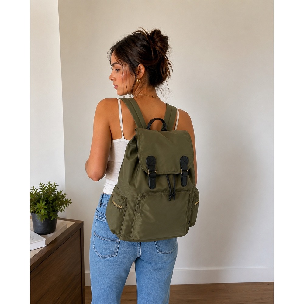 AMERICAN EAGLE Backpack Nylon Flap Rucksack Womens OS Olive Green Utility